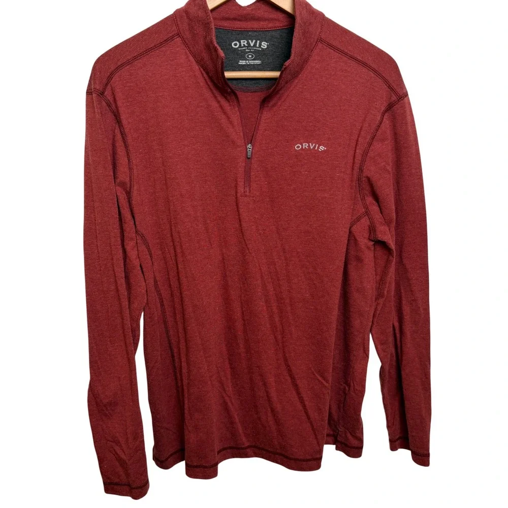 Orvis Mens Quarter Zip Pullover M Red Heather Long Sleeve Lightweight Active